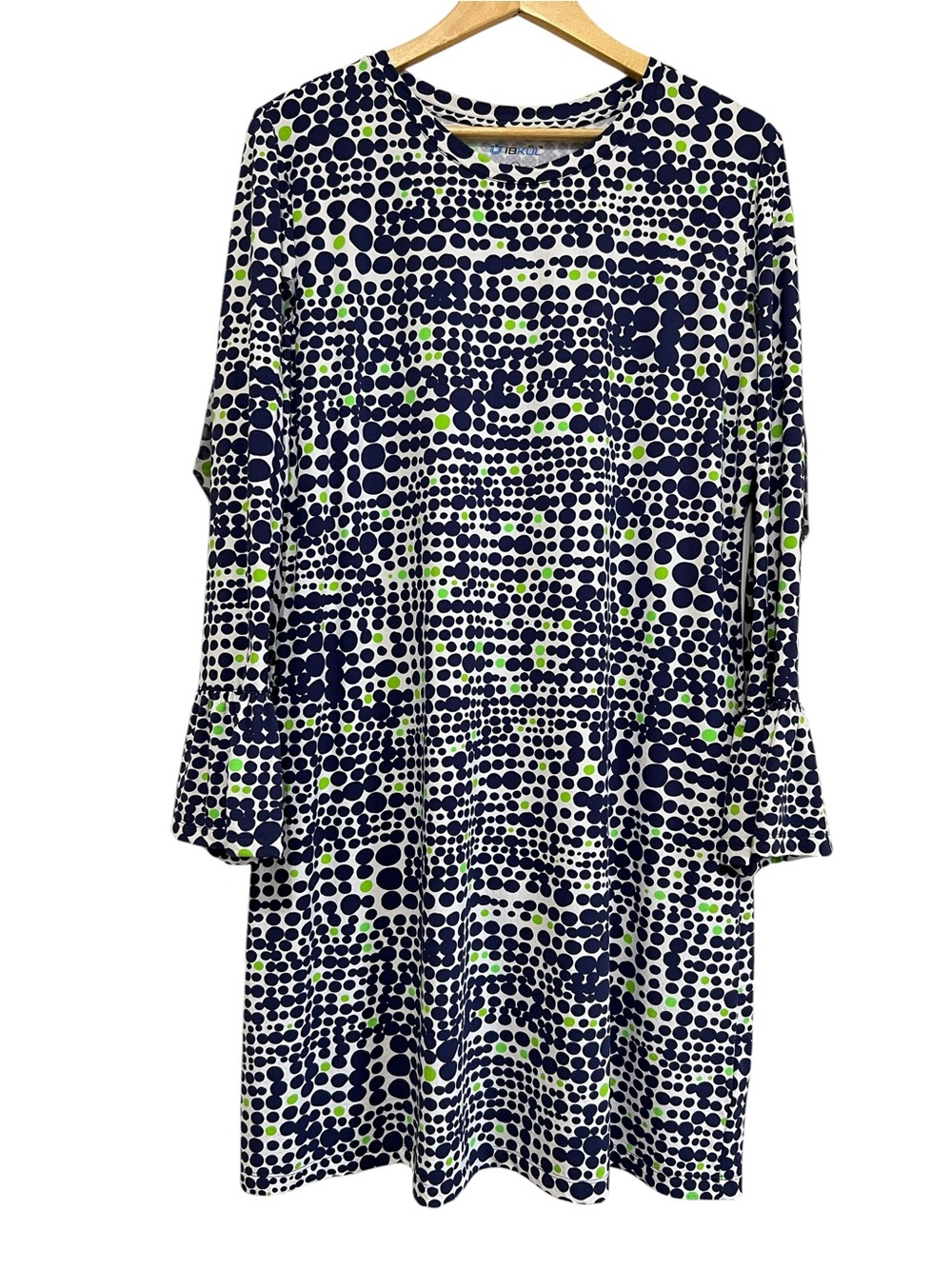 Ibkul Navy & Lime Dot Print Long Bell Sleeve Shift Dress Size XL